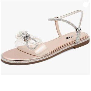 FYS Nude Clear Pearl Bow Pull on Flat Rhinestone Studded Strappy Open Toe Sandal